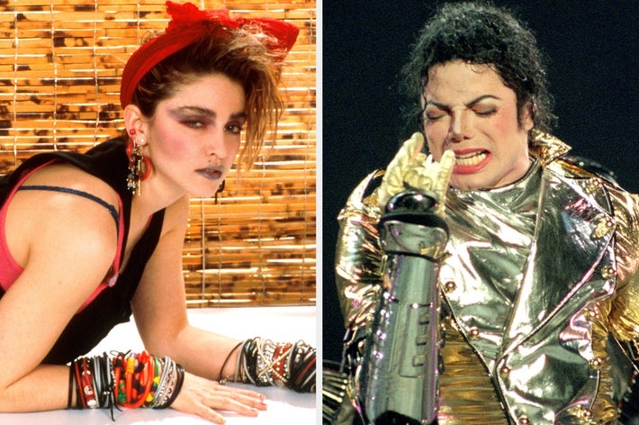 Two celebrities: one with 80s punk style, including a headband and accessories; the other in futuristic, metallic attire performing energetically