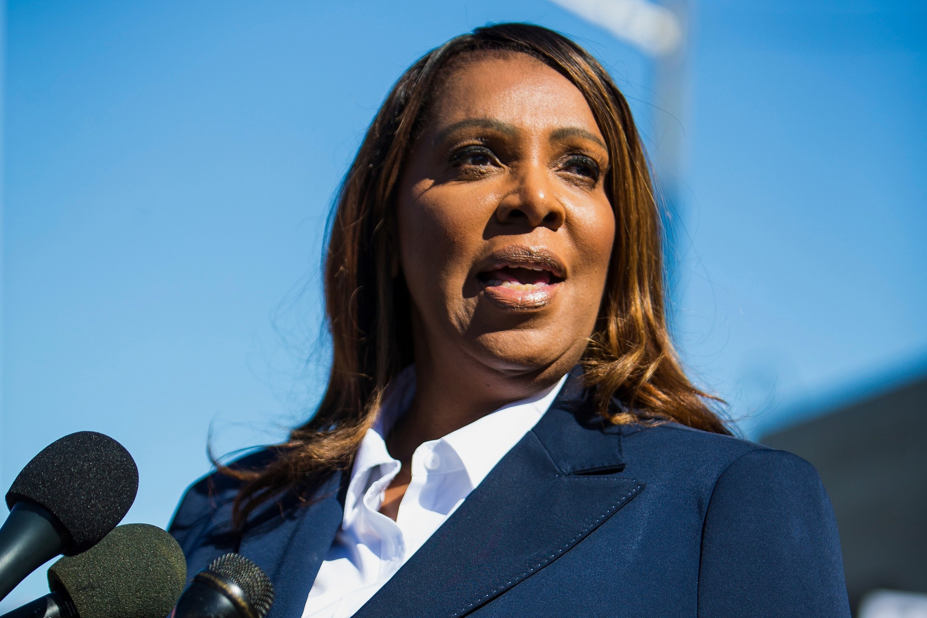 John Clark/AP - PHOTO: New York Attorney General, Letitia James, speaks after pleading not guilty outside the United States District Court Oct. 24, 2025, in Norfolk, Va.