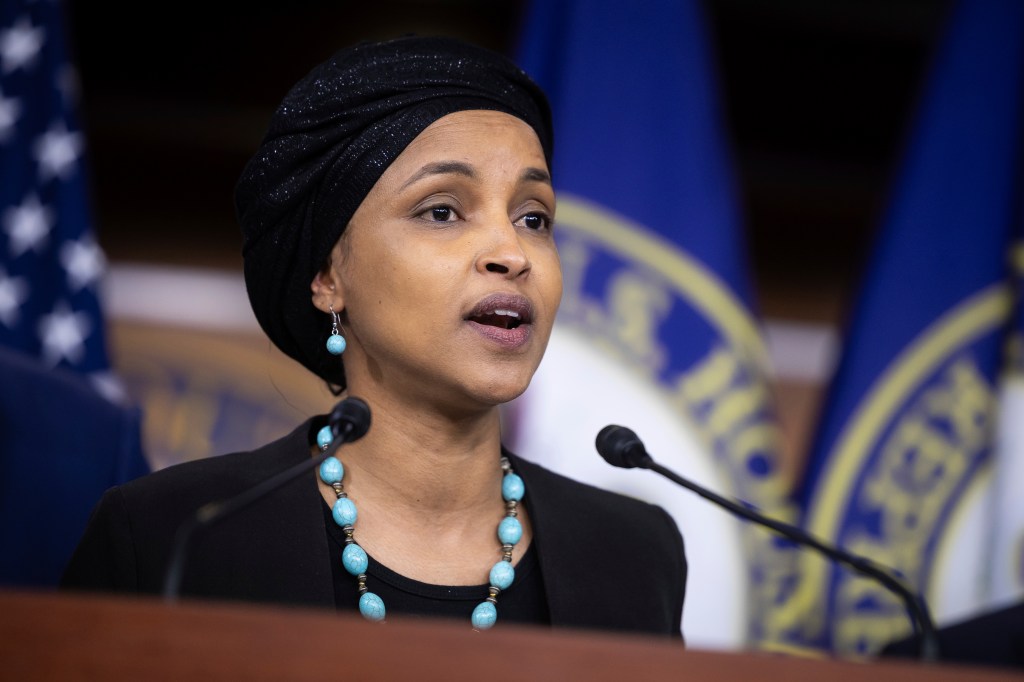Representative Ilhan Omar, a Minnesota Democrat, speaks during a press conference on the first 100 days of President Donald Trump’s second term at the U.S. Capitol on April 29, 2025. (Francis Chung/POLITICO via AP Images)