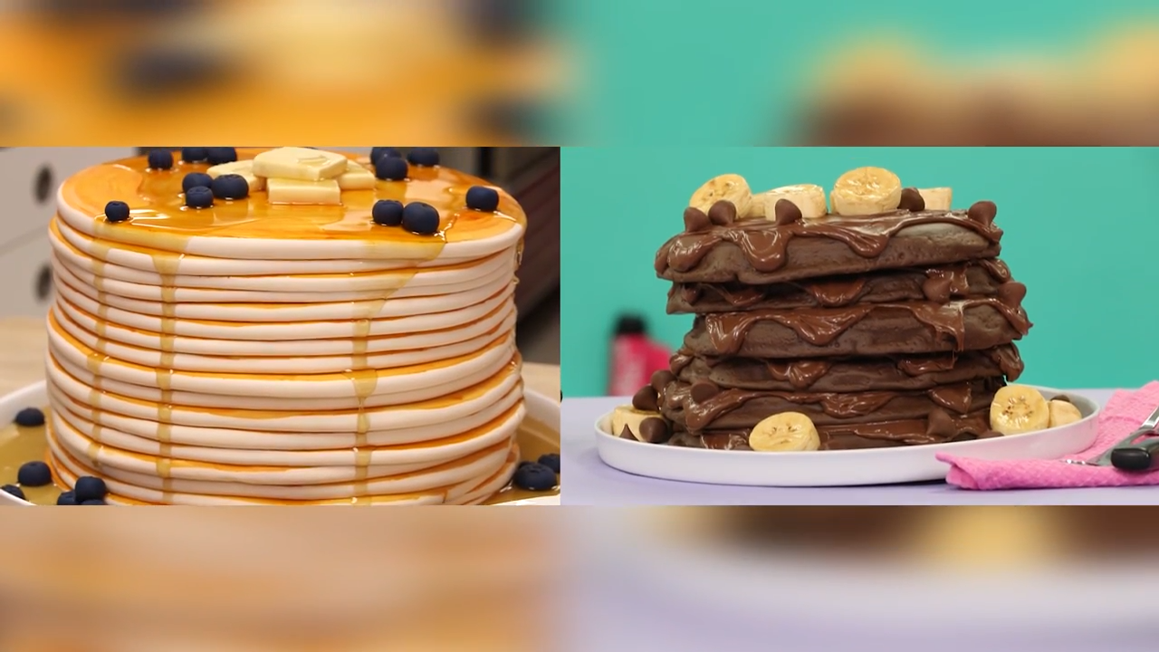 The decadent Nutella pancake cake layered with Hershey’s Kisses