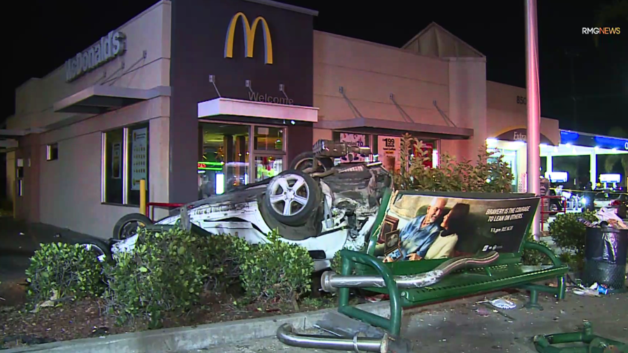 Speeding car crashes through bus stop, flips into California McDonald’s ...