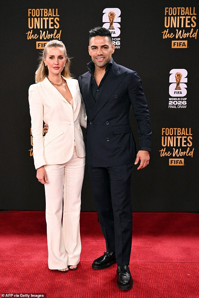 Colombian former football player Radamel Falcao and his wife Lorelei Taron dressed in sophisticated suits for the evening