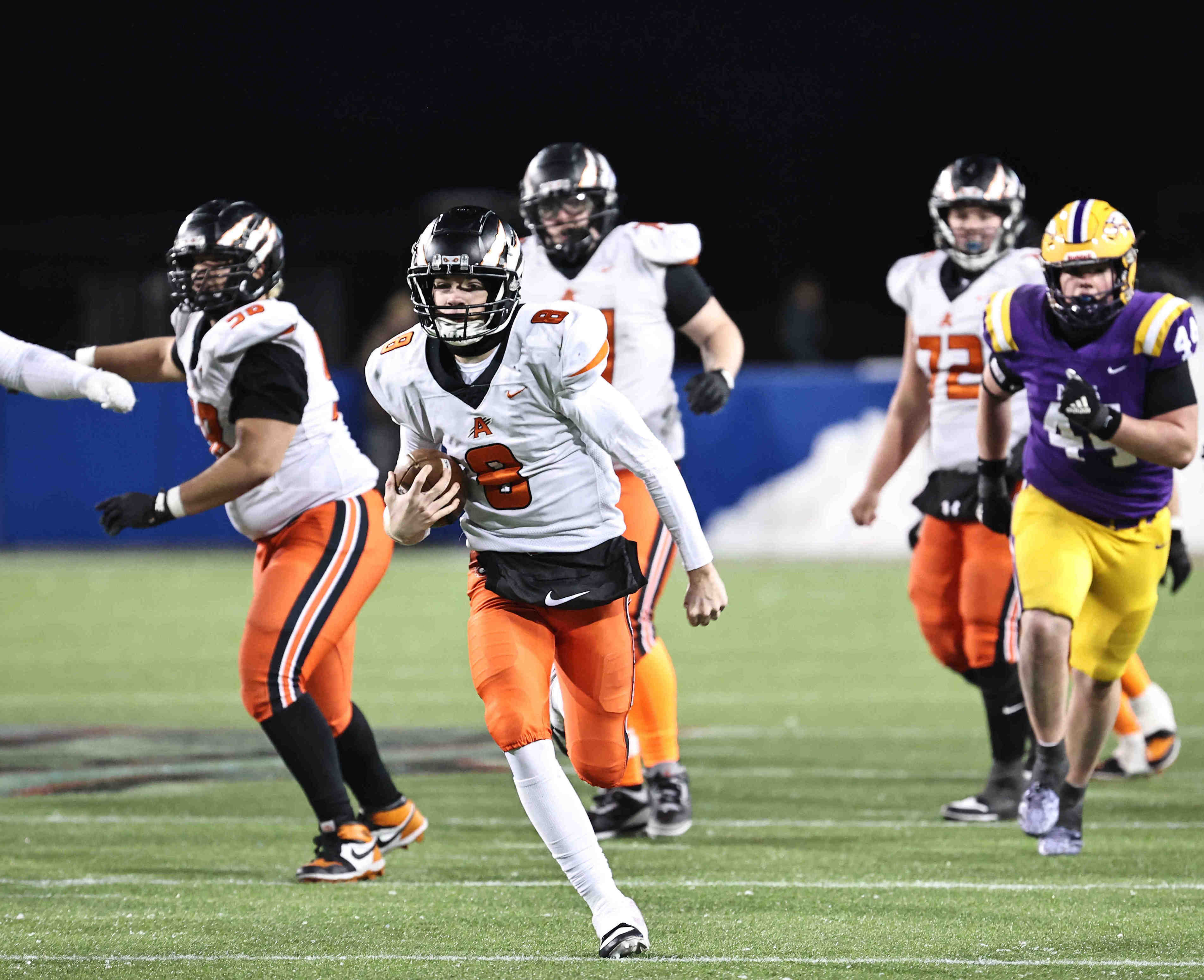 Anderson QB Owen Scalf (8) runs the ball during the OHSAA Division II state championship game between Anderson and Avon on Thursday, Dec. 4, 2025.