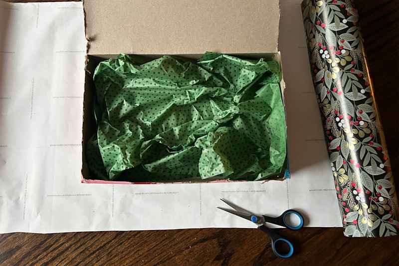 Tissue paper in cereal box before gift wrapping.