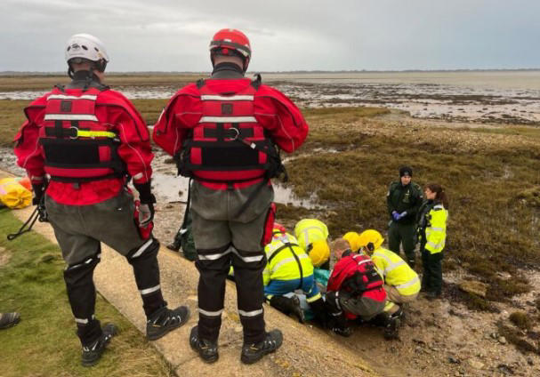 Dramatic rescue as man falls down wall onto shore at Farlington Marshes ...