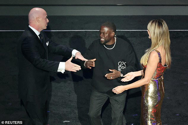 There was an awkward moment when Gianni Infantino embraced Heidi Klum on stage having snubbed Kevin Hart, saying 'ladies first'