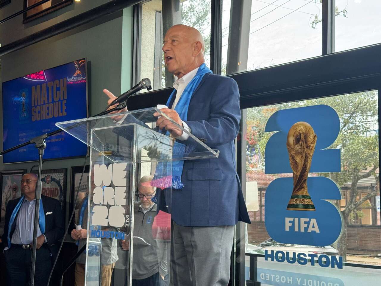 Houston Mayor John Whitmire speaks at Little Woodrow's in EaDo on Friday, Dec. 5, 2025 during the 2026 FIFA World Cup Draw. (Jason Fochtman / Staff photographer)