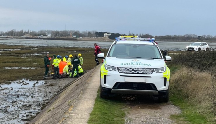 Dramatic rescue as man falls down wall onto shore at Farlington Marshes ...