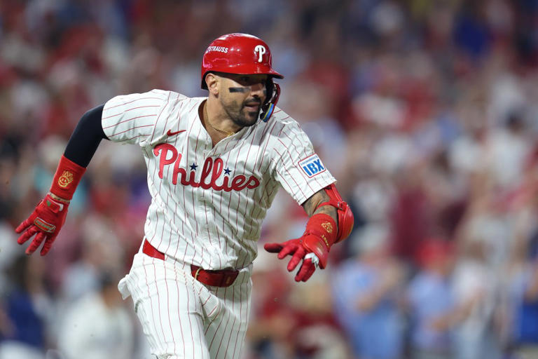PHILADELPHIA, PENNSYLVANIA – OCTOBER 06: Nick Castellanos #8 of the Philadelphia Phillies hits a two-RBI double against the Los Angeles Dodgers during the ninth inning in game two of the National League Division Series at Citizens Bank Park on October 06, 2025 in Philadelphia, Pennsylvania. (Photo by Emilee Chinn/Getty Images)