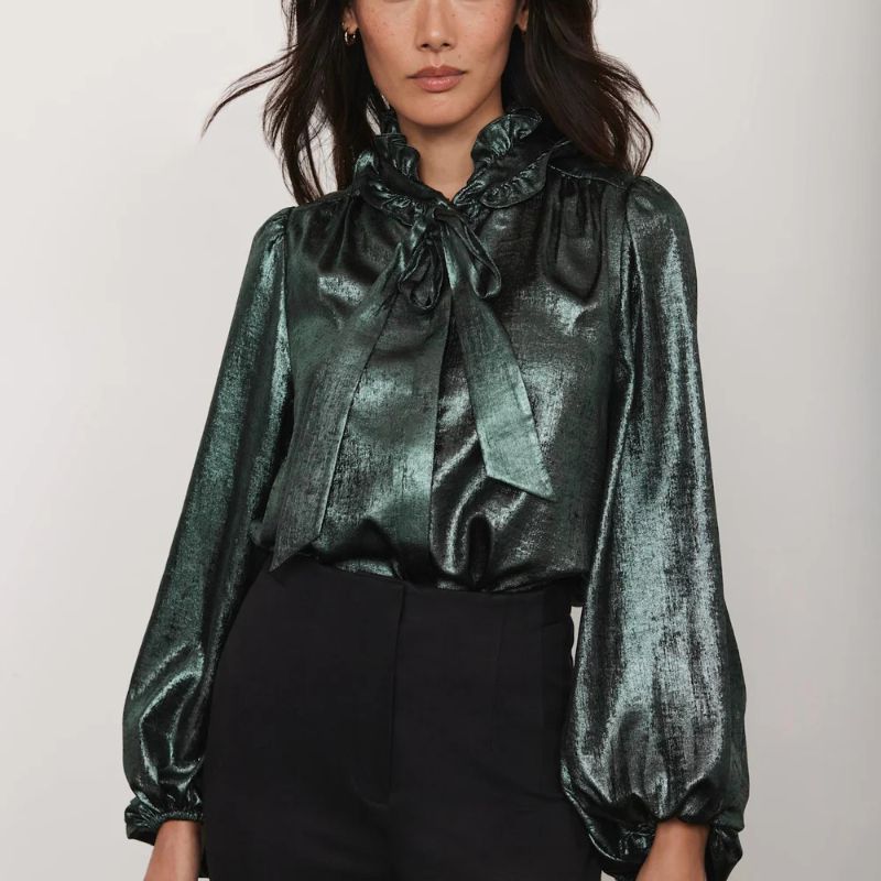 Mint Velvet , Green Metallic Pussy Bow Blouse