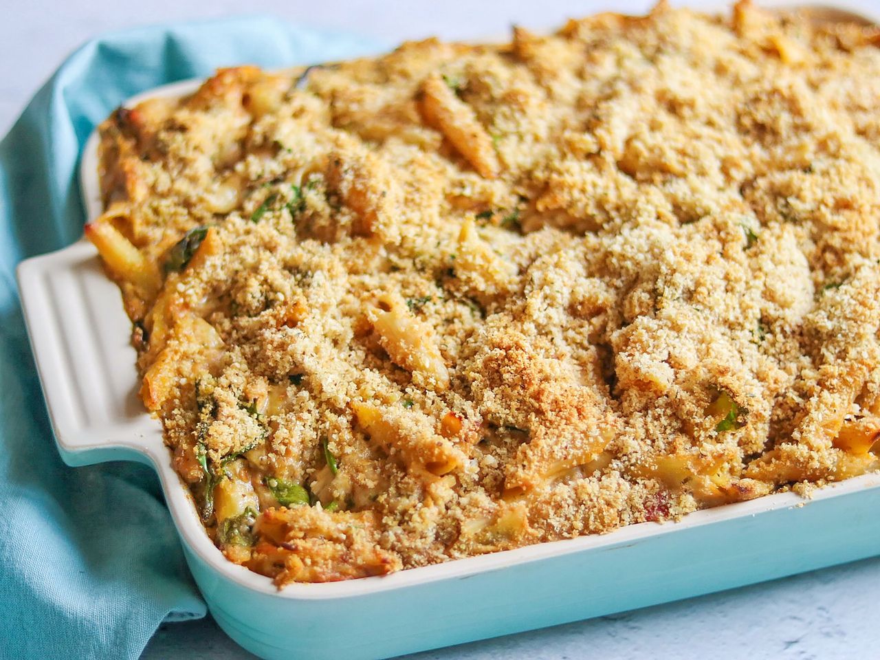 Pesto chicken penne casserole with bread crumbs