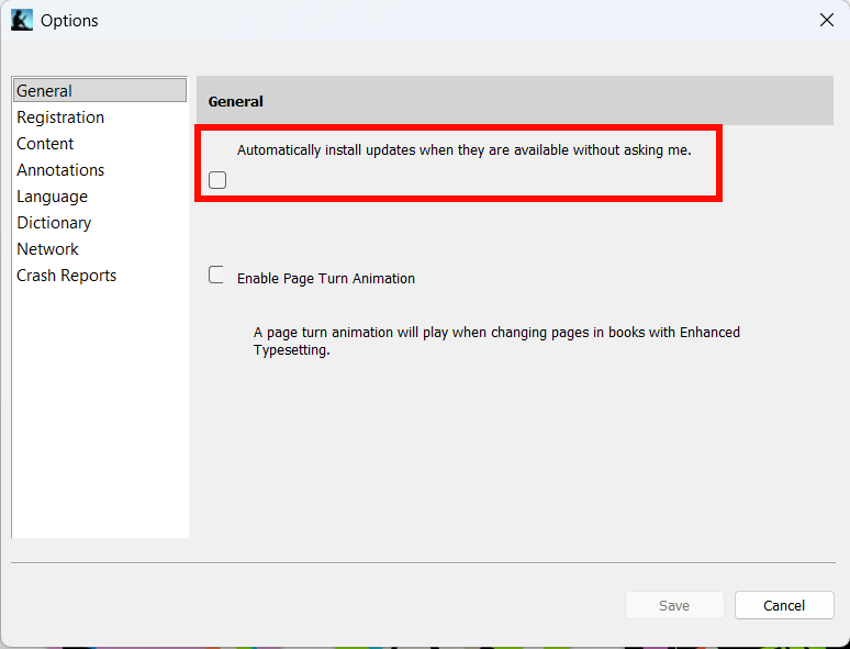 Kindle for PC 2.4.0 Preferences Menu