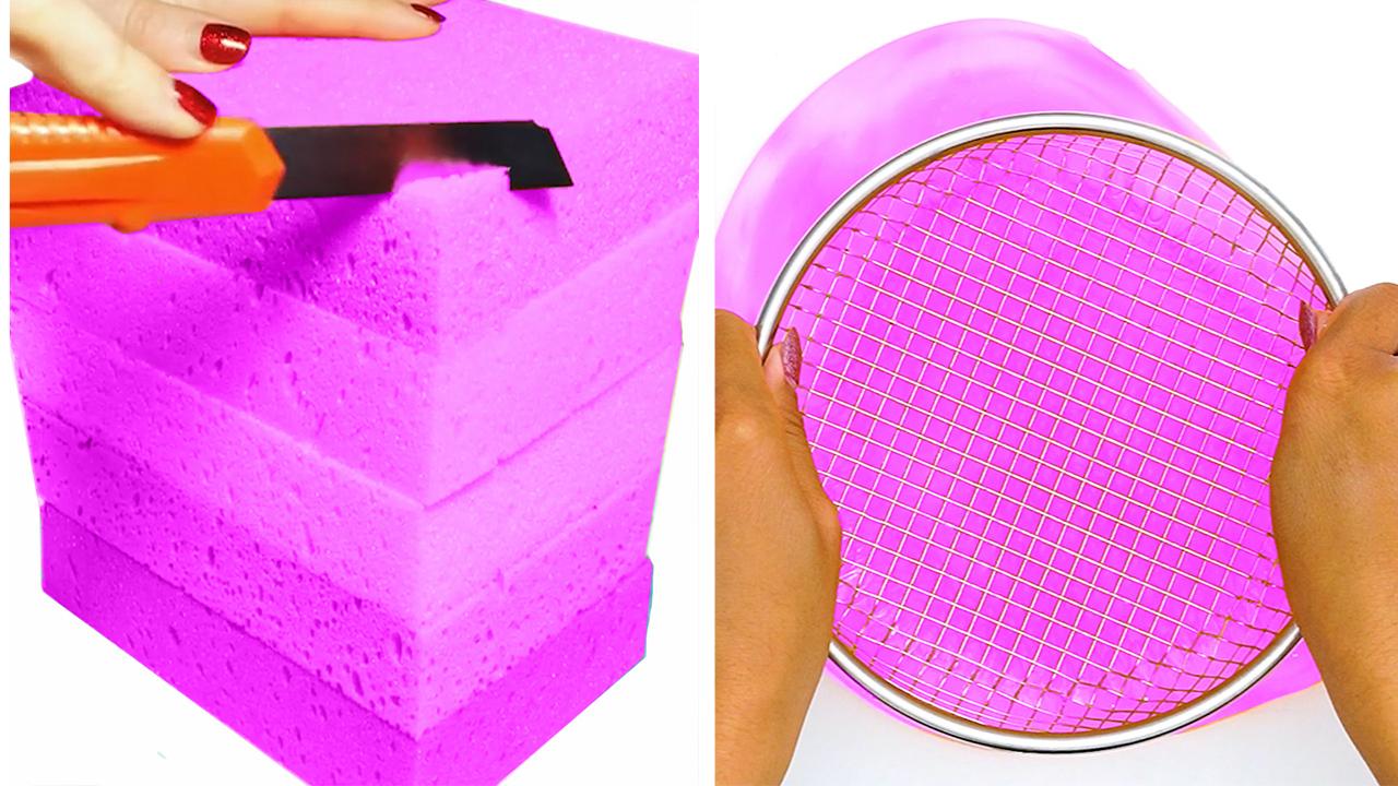 Wat gebeurt er als je een zeef op deze paarse slime drukt?