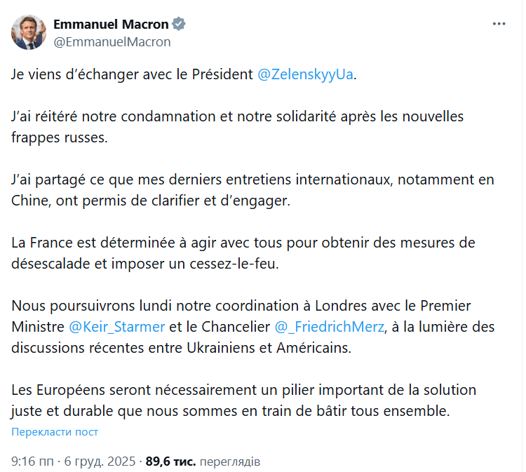 Macron updates Zelenskyy on crucial outcomes of China talks
