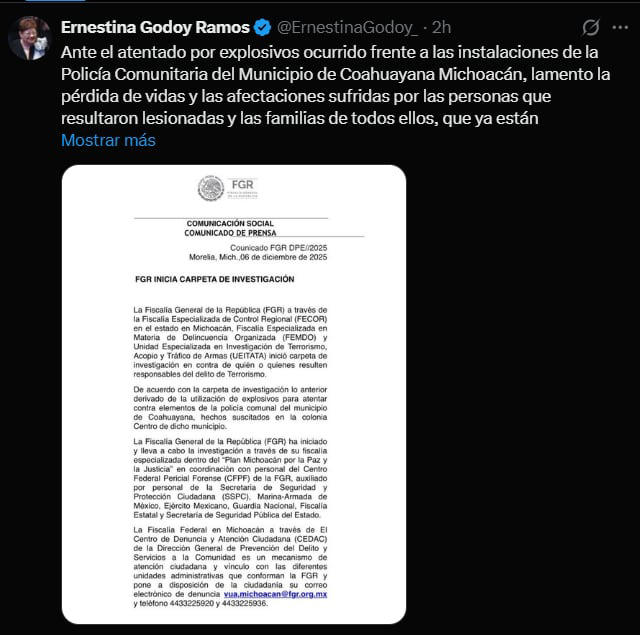 Ernestina Godoy anuncia investigación por coche bomba en Michoacán / Captura de pantalla