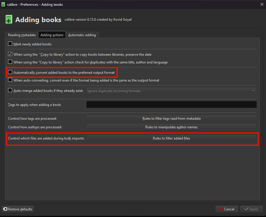 Calibre Adding Books Preferences Menu