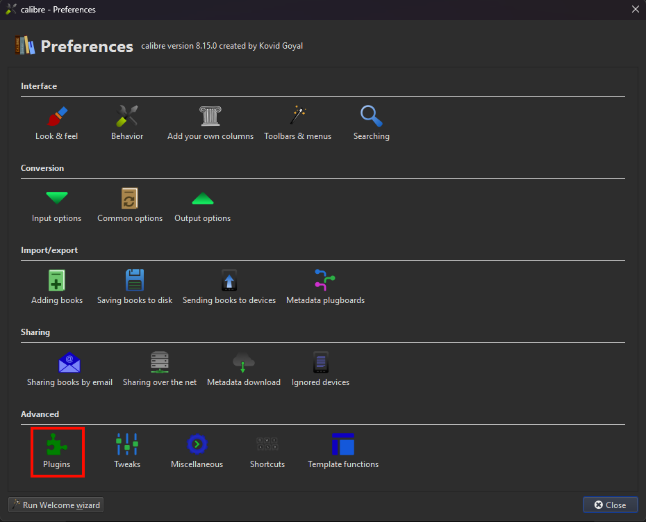 Calibre Preferences Menu