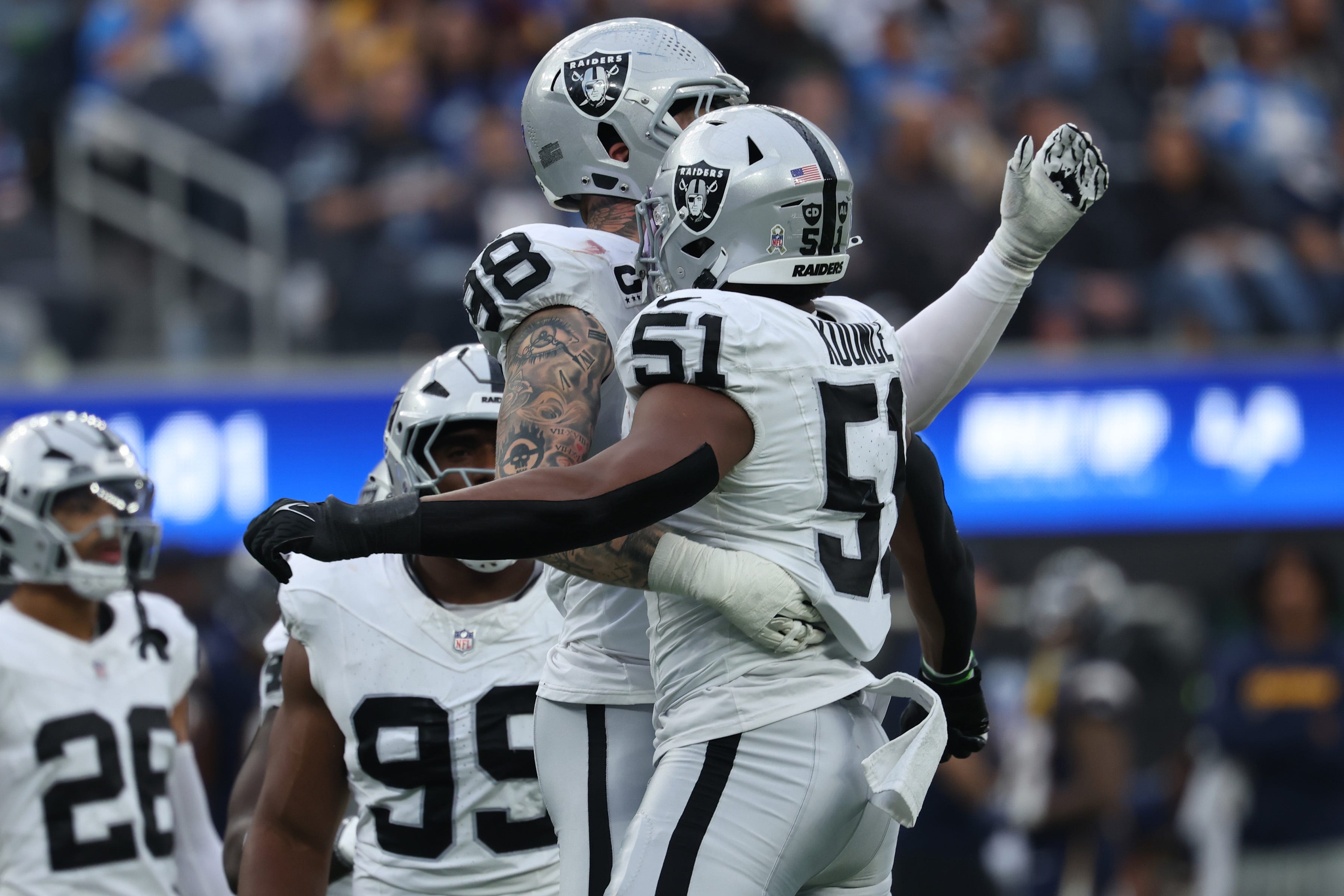 Nov 30, 2025; Inglewood, California, USA; Las Vegas Raiders defensive end Malcolm Koonce (51) reacts after sacking Los Angeles Chargers quarterback Justin Herbert (not pictured) during the second half at SoFi Stadium. Mandatory Credit: Kiyoshi Mio-Imagn Images