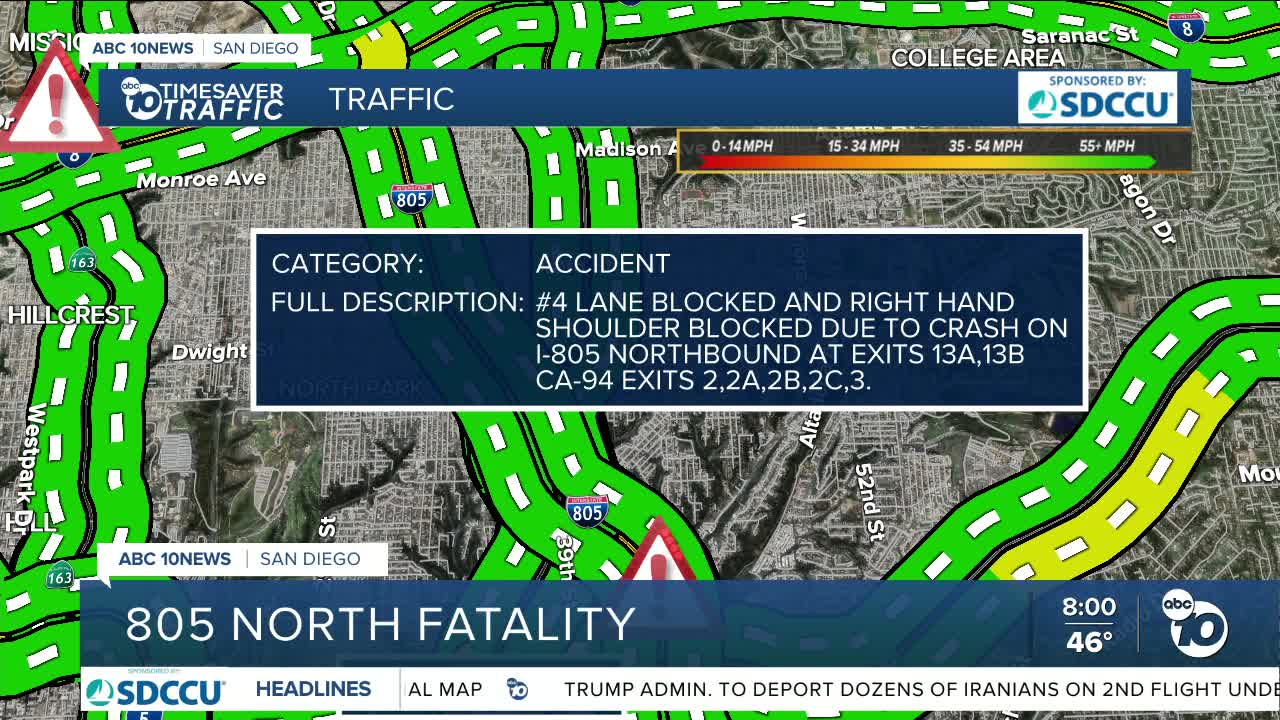 Deadly crash shuts down lanes on NB 805 at University