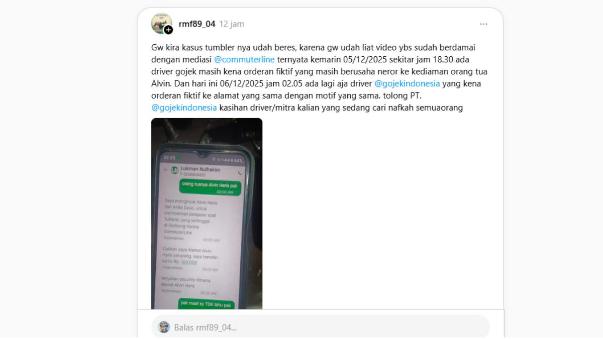 Teror nyata drama tumbler: Pelaku minta ojol cari alamat orang tua Anita, beri imbalan Rp 150 ribu