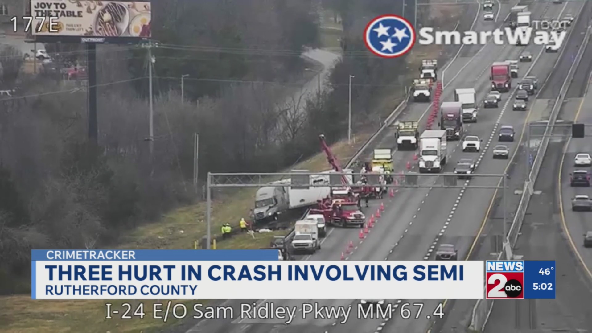 3 injured in Rutherford County crash involving semi