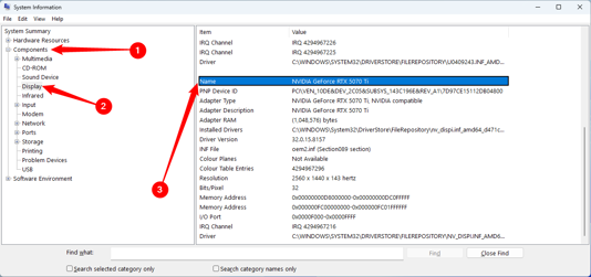The display components listed in System Information.