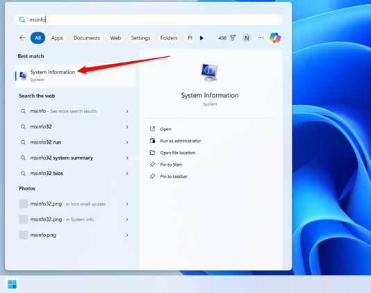 Search msinfo or system information in the Start Menu, then click System Information.