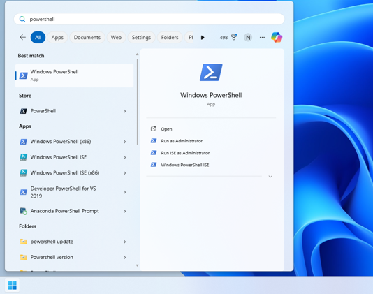 Searching for PowerShell in the Start Menu.