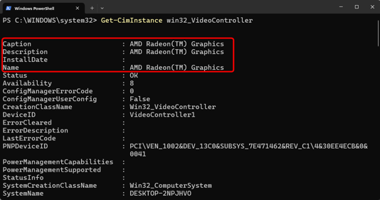 The name of the GPU in the Terminal.