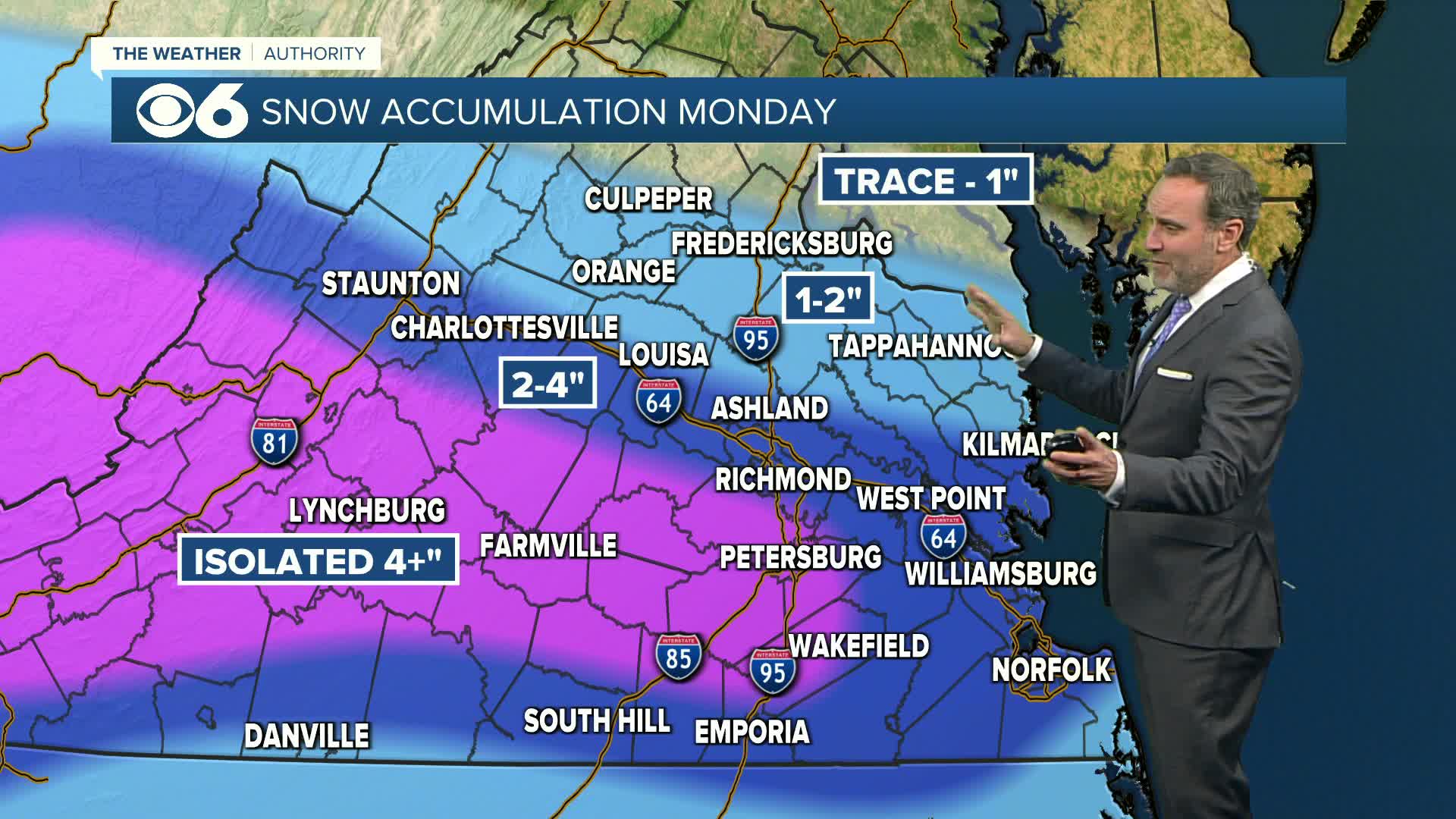 Hour-by-hour: Updated snowfall forecast for Virginia on Monday