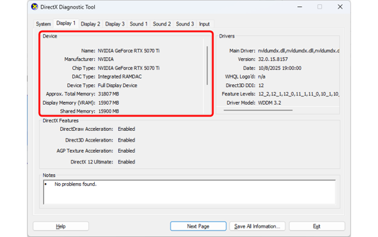 The DirectX Diagnostics window displaying the GPU.