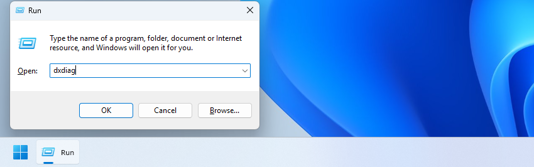 Running DirectX Diagnostics utility from the Run menu.