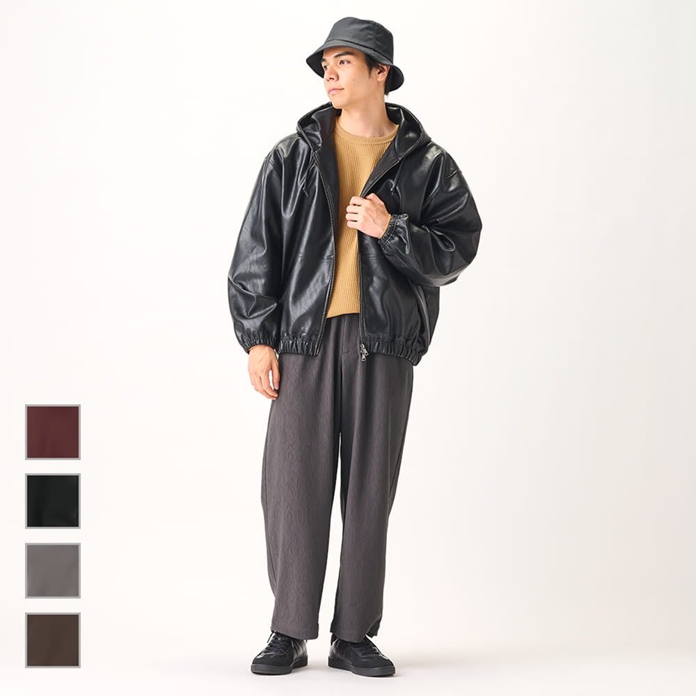 フェイクレザー ジップフーディ L ブラック MSN