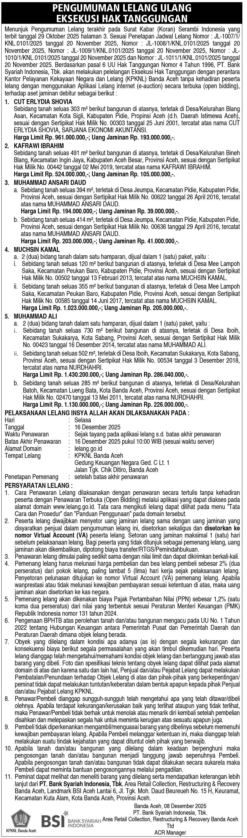 BSI lelang aset properti di Aceh Besar dan Pidie, mulai 16 Desember 2025