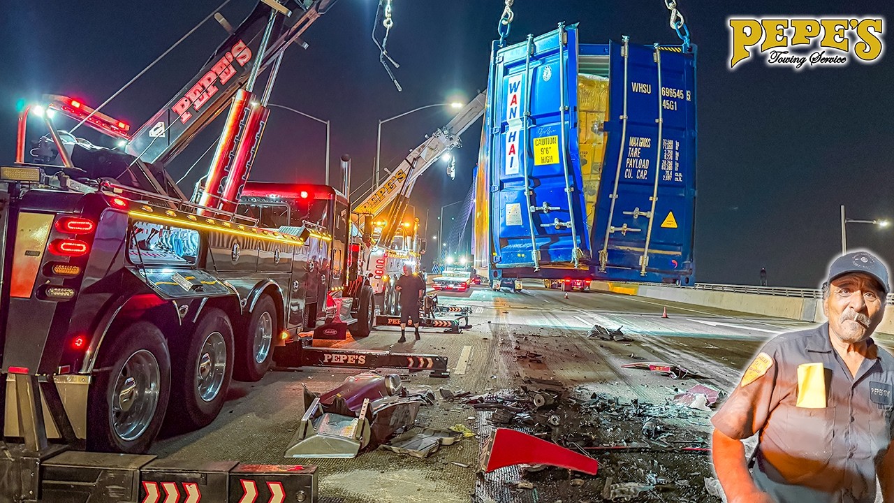 Horrific semi crash destroys container on freeway