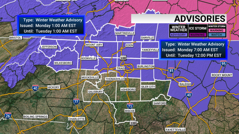 Snow falling down in Triad; winter weather advisory in effect