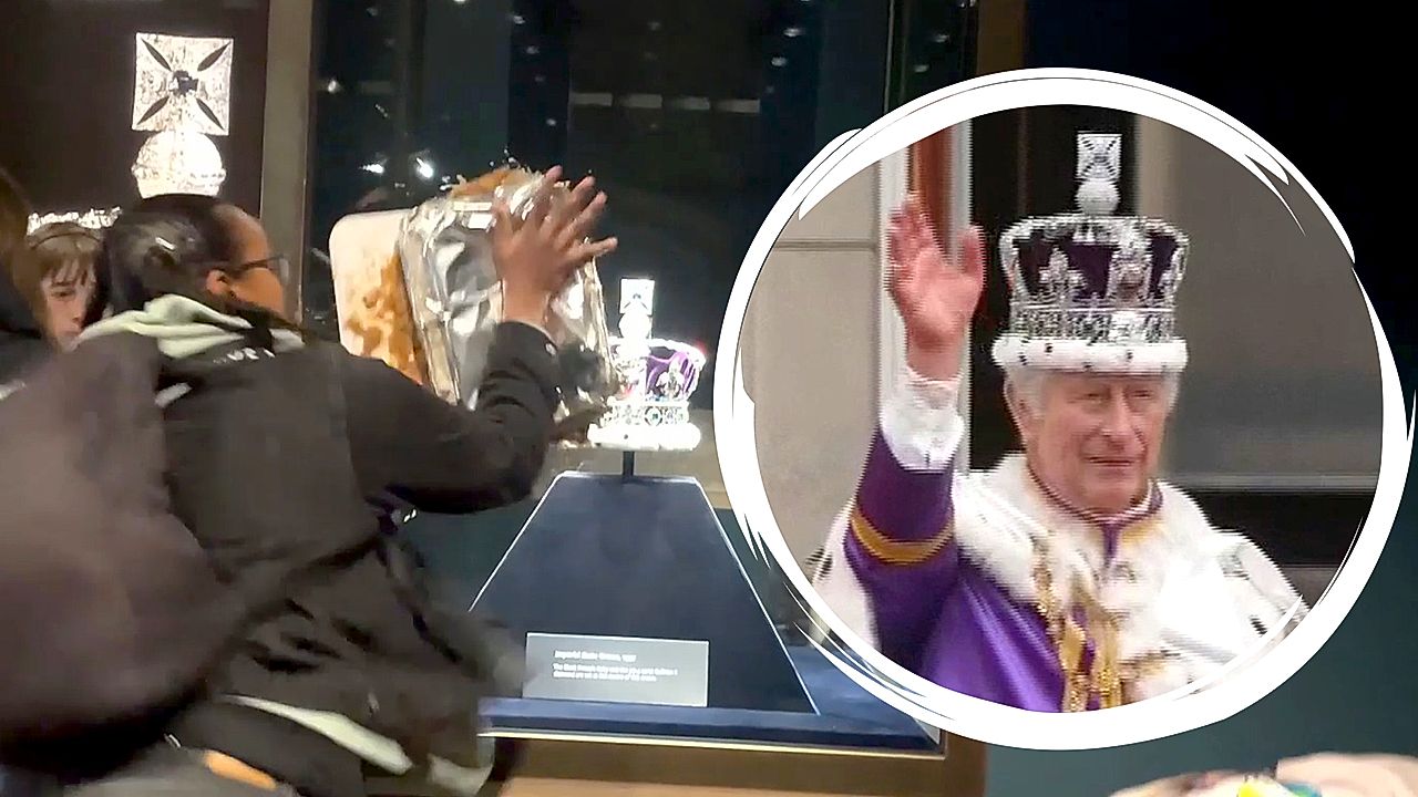 Crown jewels splattered with dessert: Unusual protest at the Tower of ...