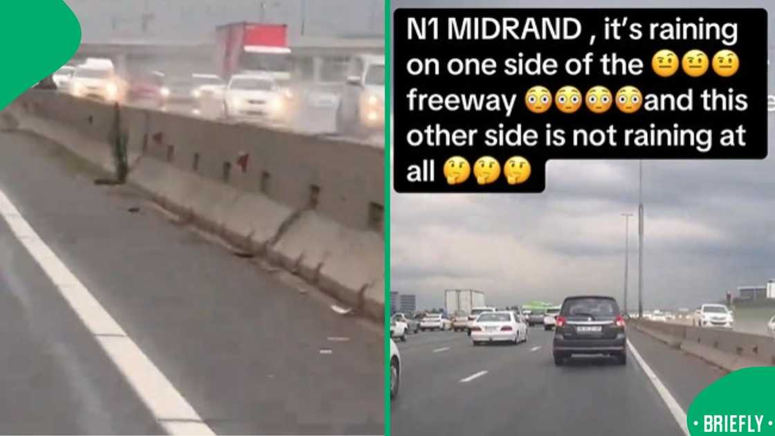 A Midrand highway video showed rain falling on one side of the road ...