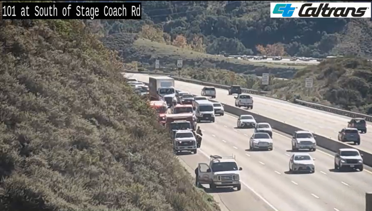 Highway 101 traffic backs up after van catches fire on Cuesta Grade