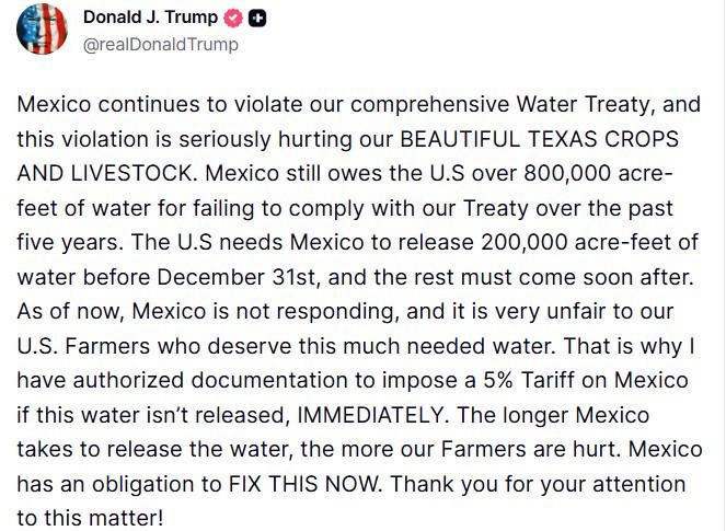 ABD Başkanı Trump’tan Meksika’ya su anlaşması uyarısı: "Yeterli su serbest bırakılmazsa, yüzde 5 gümrük vergisi uygulanacak"