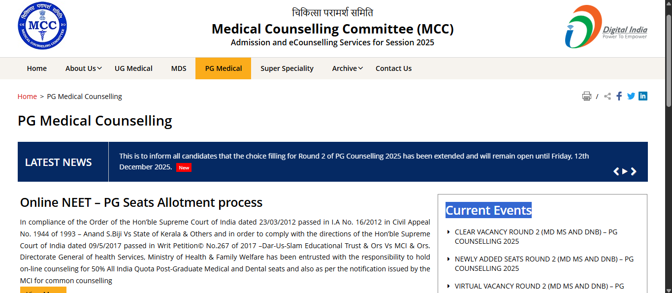MCC NEET PG counselling 2025 round 2 choice filling deadline extended ...