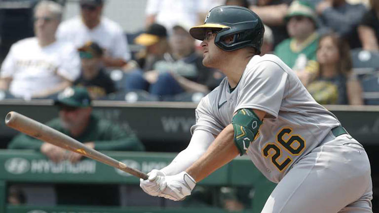 Jun 7, 2023; Pittsburgh, Pennsylvania, USA; Oakland Athletics third baseman Jonah Bride (26) hits an RBI single against the Pittsburgh Pirates during the first inning at PNC Park. Mandatory Credit: Charles LeClaire-Imagn Images | Charles LeClaire-Imagn Images