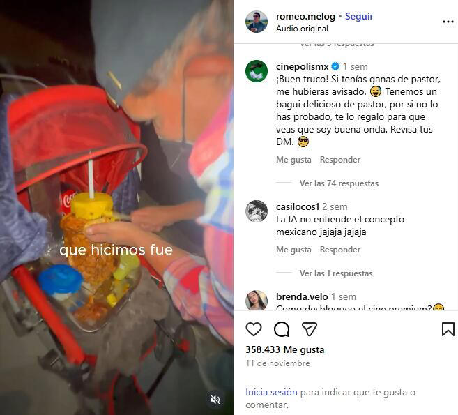 Tiktoker mete trompo al pastor a sala de Cinépolis y se viraliza en redes. Fuente: Instagram romeo.melog