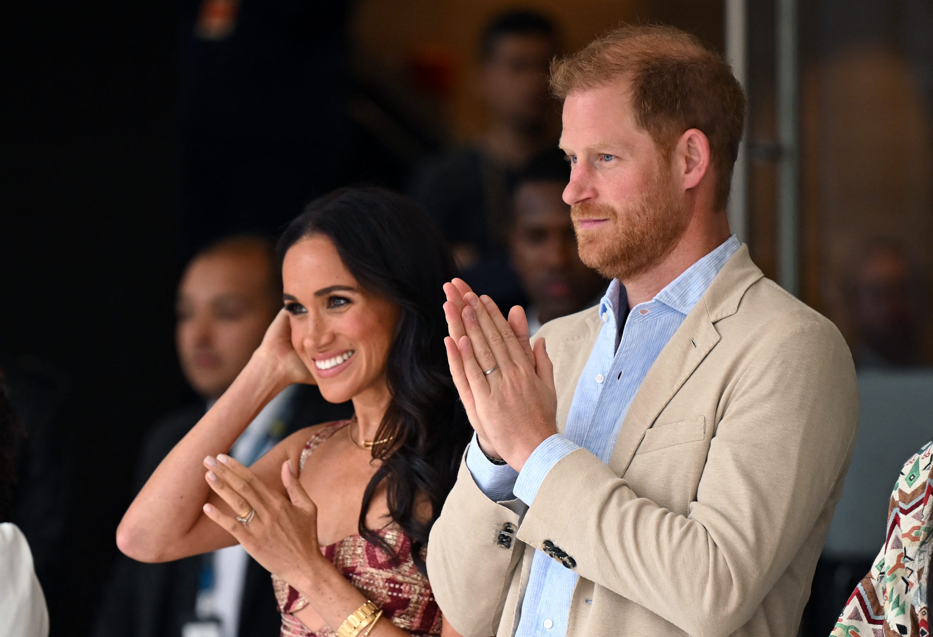 Duchess Meghan and Prince Harry at a show during a visit to the National Centre for the Arts in Bogota on August 15, 2024.