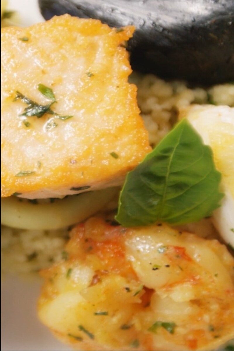 Seafood simmer with salmon halibut and mussels