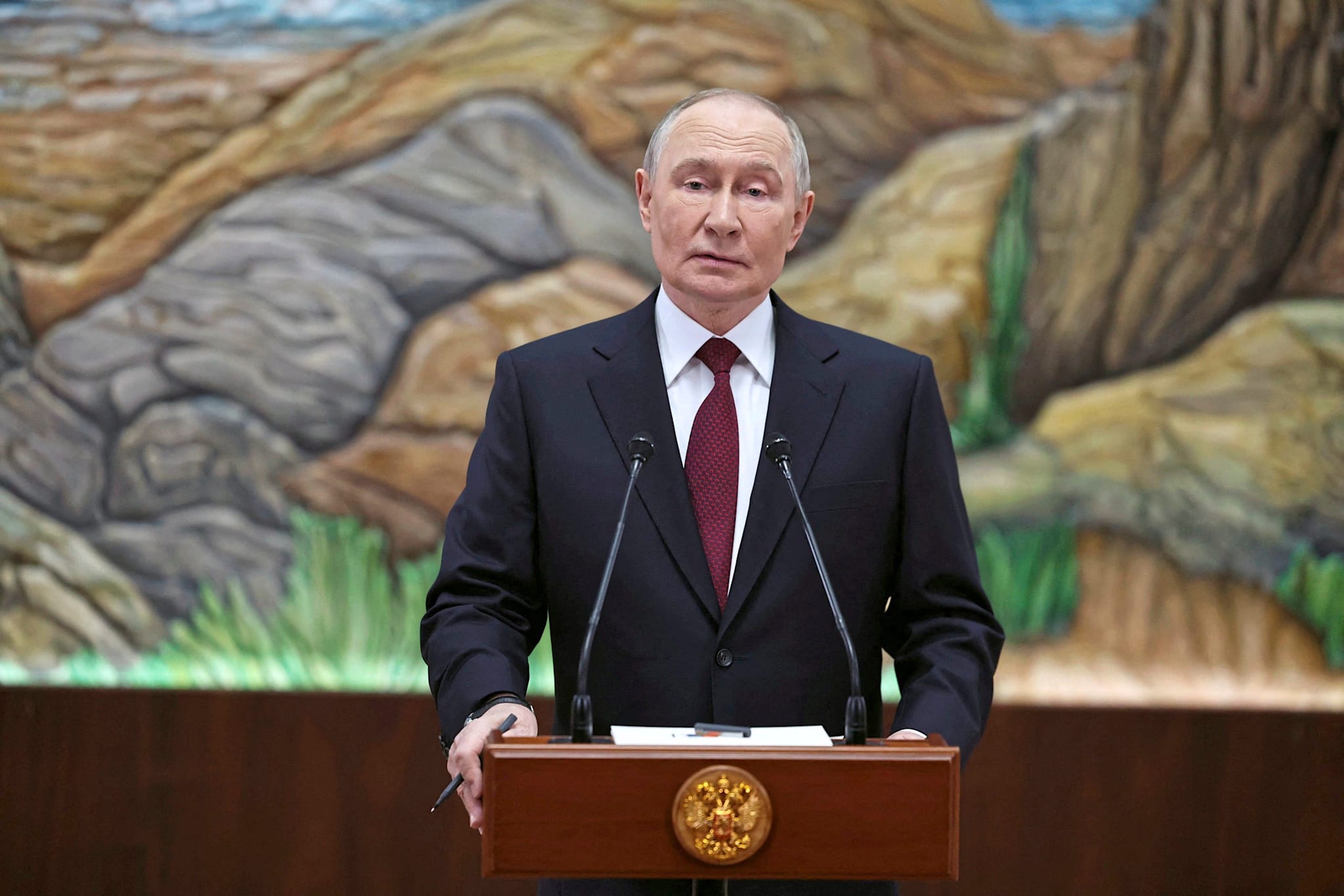 Russian President Vladimir Putin gives a press conference following the Collective Security Treaty Organization (CSTO) summit in Bishkek, Kyrgyzstan, November 27, 2025. Sputnik/Alexander Kazakov/Pool via REUTERS ATTENTION EDITORS - THIS IMAGE WAS PROVIDED BY A THIRD PARTY.
