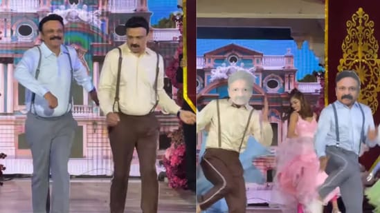 Rama Raju Mantena dances with brother to Naatu Naatu at Netra Mantena's ...