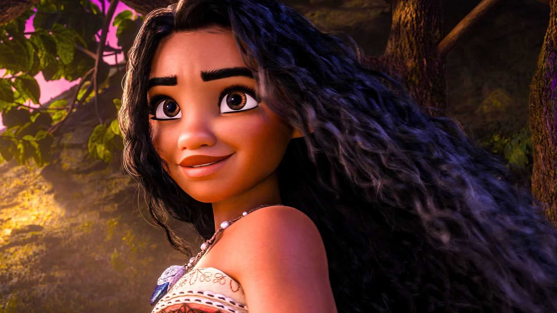 Moana looking to the horizon with a tree behind her in Moana 2