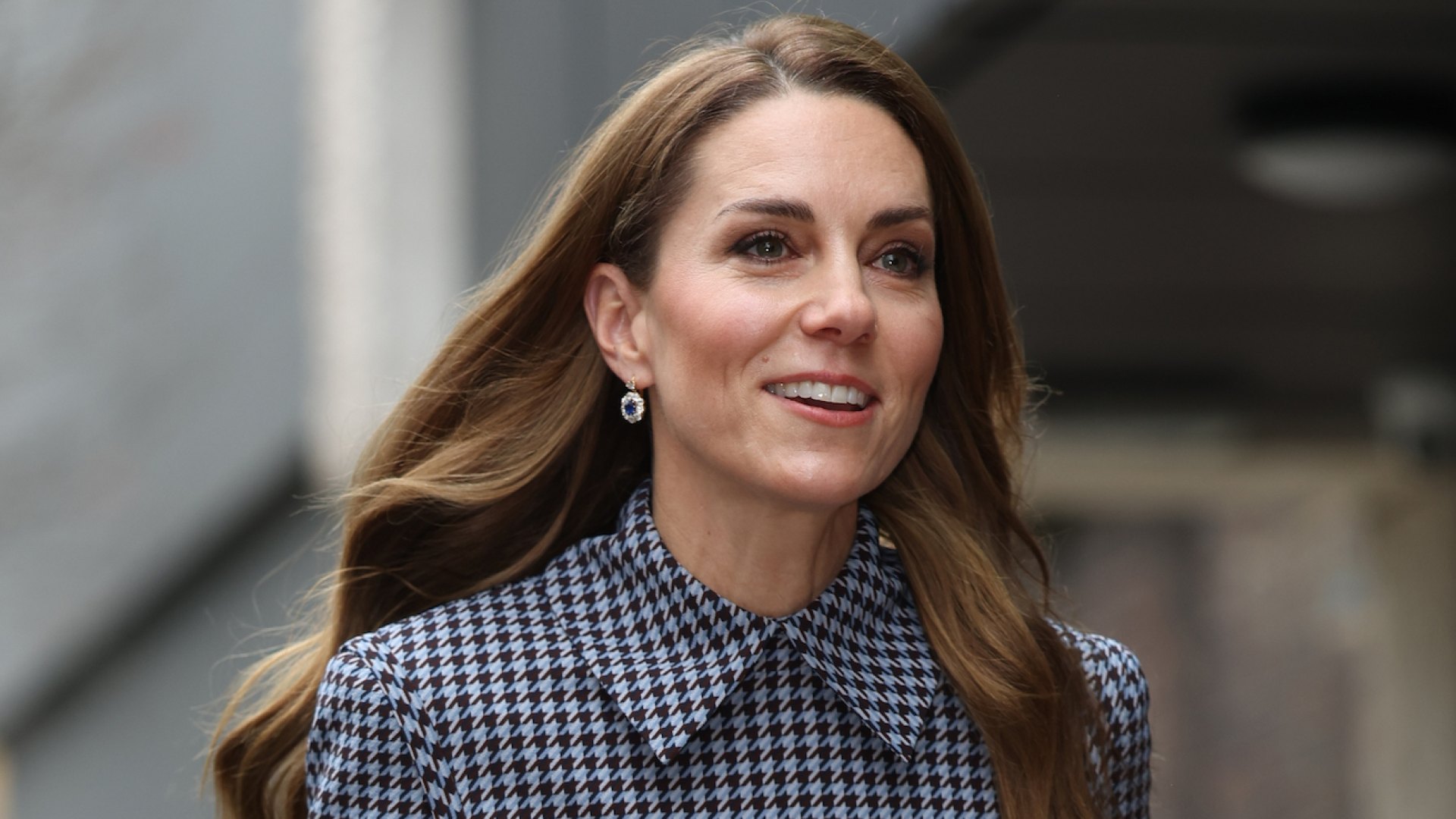 Kate Middleton Looks Elegant in Blue Houndstooth Dress for Charity Outing