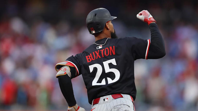 Sep 27, 2025; Philadelphia, Pennsylvania, USA; Minnesota Twins outfielder Byron Buxton (25) reacts to his home run during the first inning against the Philadelphia Phillies at Citizens Bank Park. Mandatory Credit: Bill Streicher-Imagn Images | Bill Streicher-Imagn Images